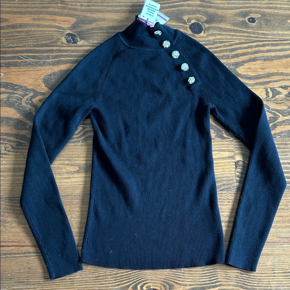 Anne Klein Black Turtleneck Sweater with Silver Buttons XXS NWT